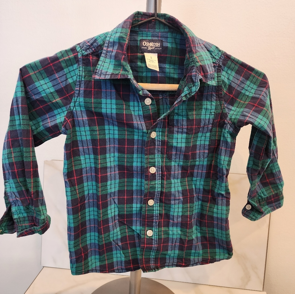 Osh kosh boys green and red plaid button-down shirt,  size 5